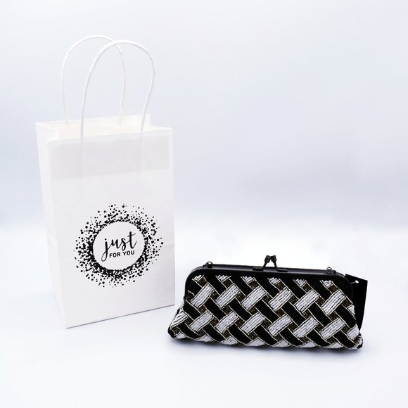 BLACK, WHITE & TRI-GOLD BEADED EVENING BAG - Picture 1 of 7